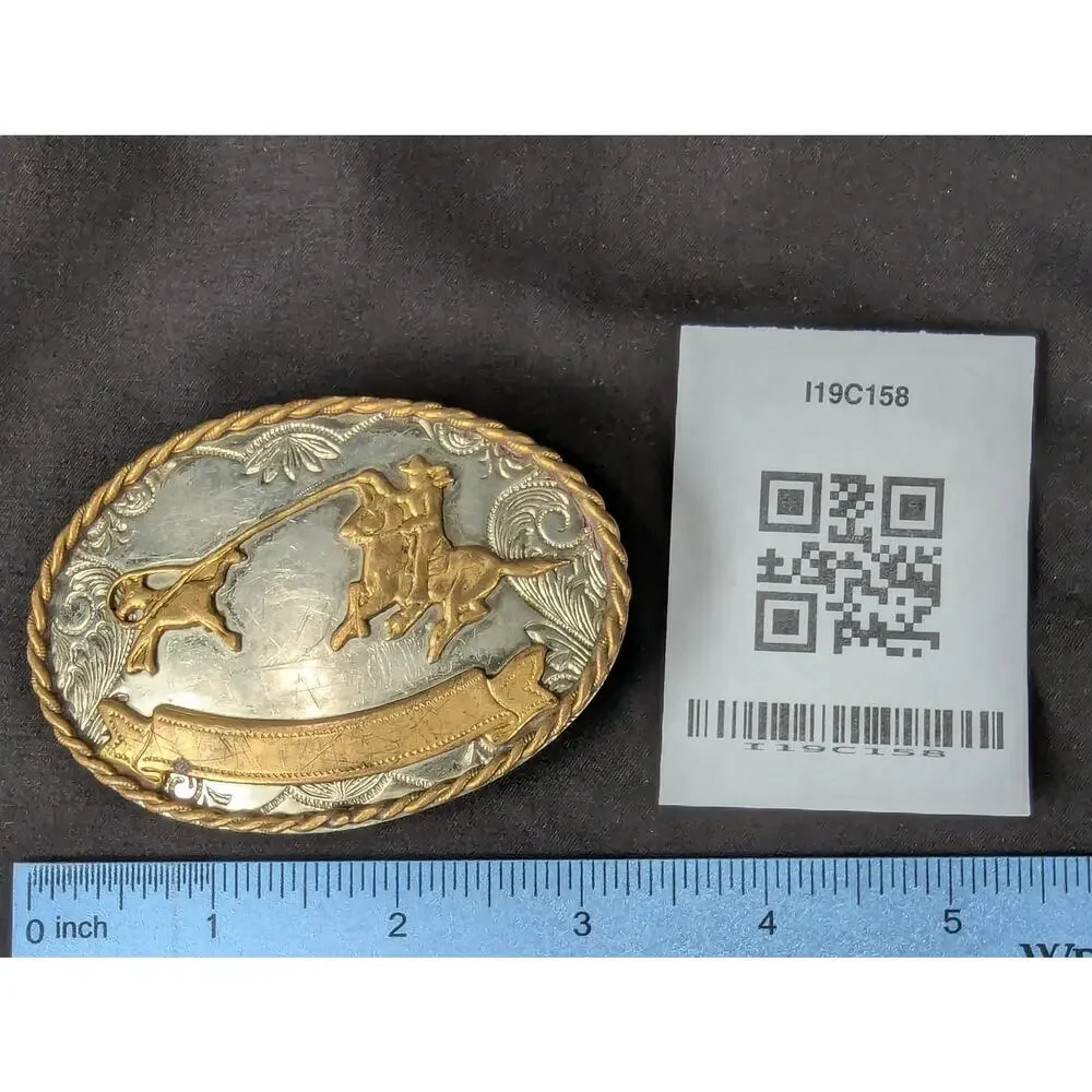 Vintage Western Belt Buckle Roping Cowboy Motif Nickel Silver Gold Tone 3.5 Inch